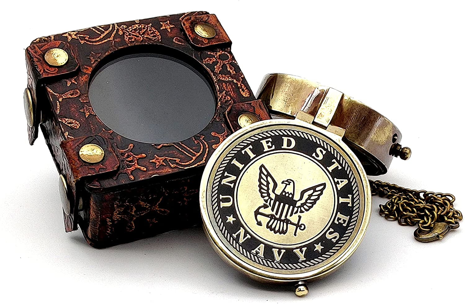 5MOONSUN5's US Navy Engraved Brass Military Compass Nautical Marine Gift A Perfect and Unique Gift for Army Person Survival Navigation Compass for Hiking Camping Hunting with Leather Display Case