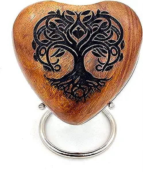 5MOONSUN5's Wooden Heart Tree Of Life Engraved Urn Keepsake Cremation Urn for Human pet Ashes Handcrafted Urn Heart Shaped - Perfect for Adults & Infants with Brass Stand 3 inch