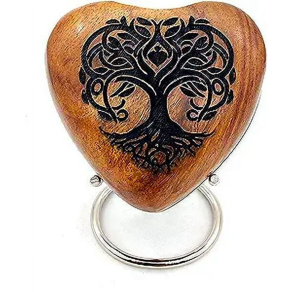 5MOONSUN5's Wooden Heart Tree Of Life Engraved Urn Keepsake Cremation Urn for Human pet Ashes Handcrafted Urn Heart Shaped - Perfect for Adults & Infants with Brass Stand 3 inch