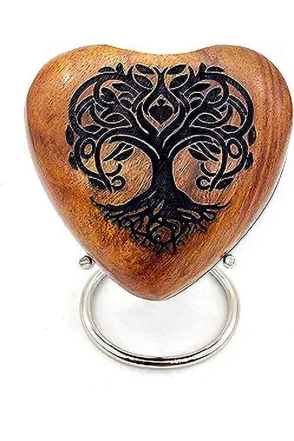 's Wooden Heart Tree Of Life Engraved Urn Keepsake Cremation Urn for Human pet Ashes Handcrafted Urn Heart Shaped - Perfect for Adults & Infants with Brass Stand 3 inch