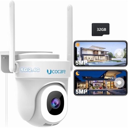 5MP Camera Surveillance Exterieur with 32GB TF Card, UCOCARE 2.4G/5GHz Outdoor Security Camera, Wired WiFi Camera Interieur, 24/7 Recording, 360Motion Tracking, Motion Detection, Color Night Vision