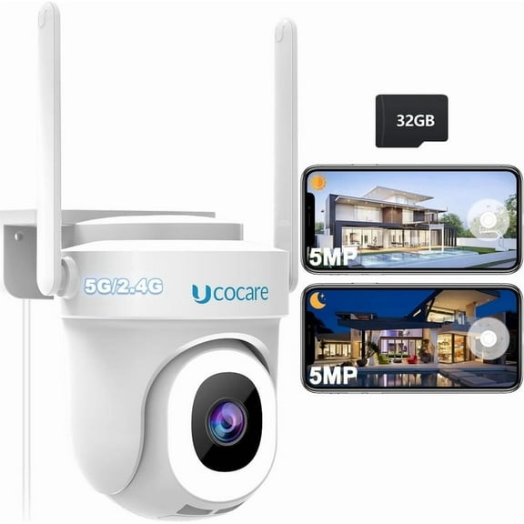 5MP Camera Surveillance Exterieur with 32GB TF Card, UCOCARE 2.4G/5GHz Outdoor Security Camera, Wired WiFi Camera Interieur, 24/7 Recording, 360Motion Tracking, Motion Detection, Color Night Vision
