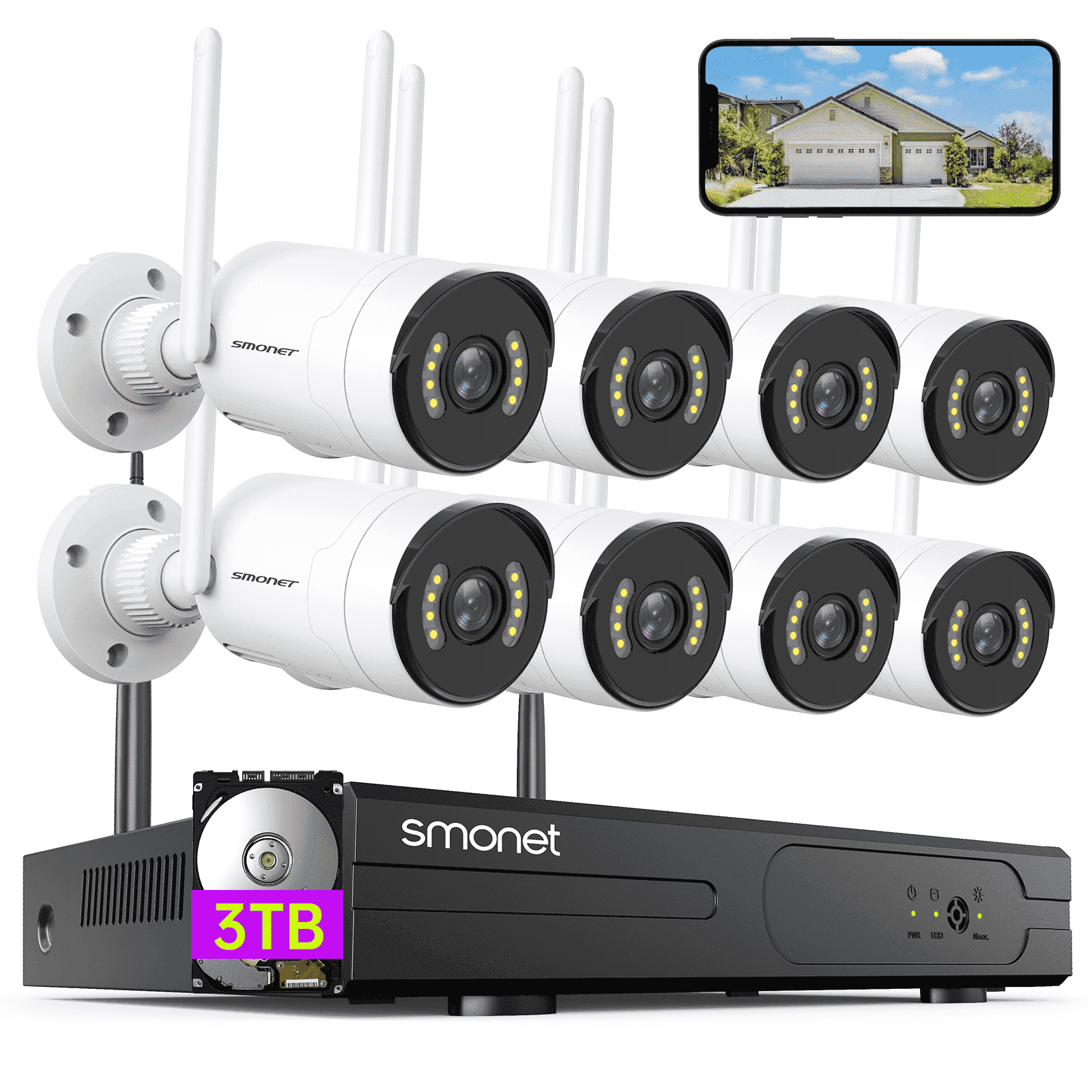 5MP Wifi Security Camera System Kit with 8-Channel NVR, 3TB Hard Drive, 8 Indoor Outdoor Cameras, Night Vision, IP66 Waterproof