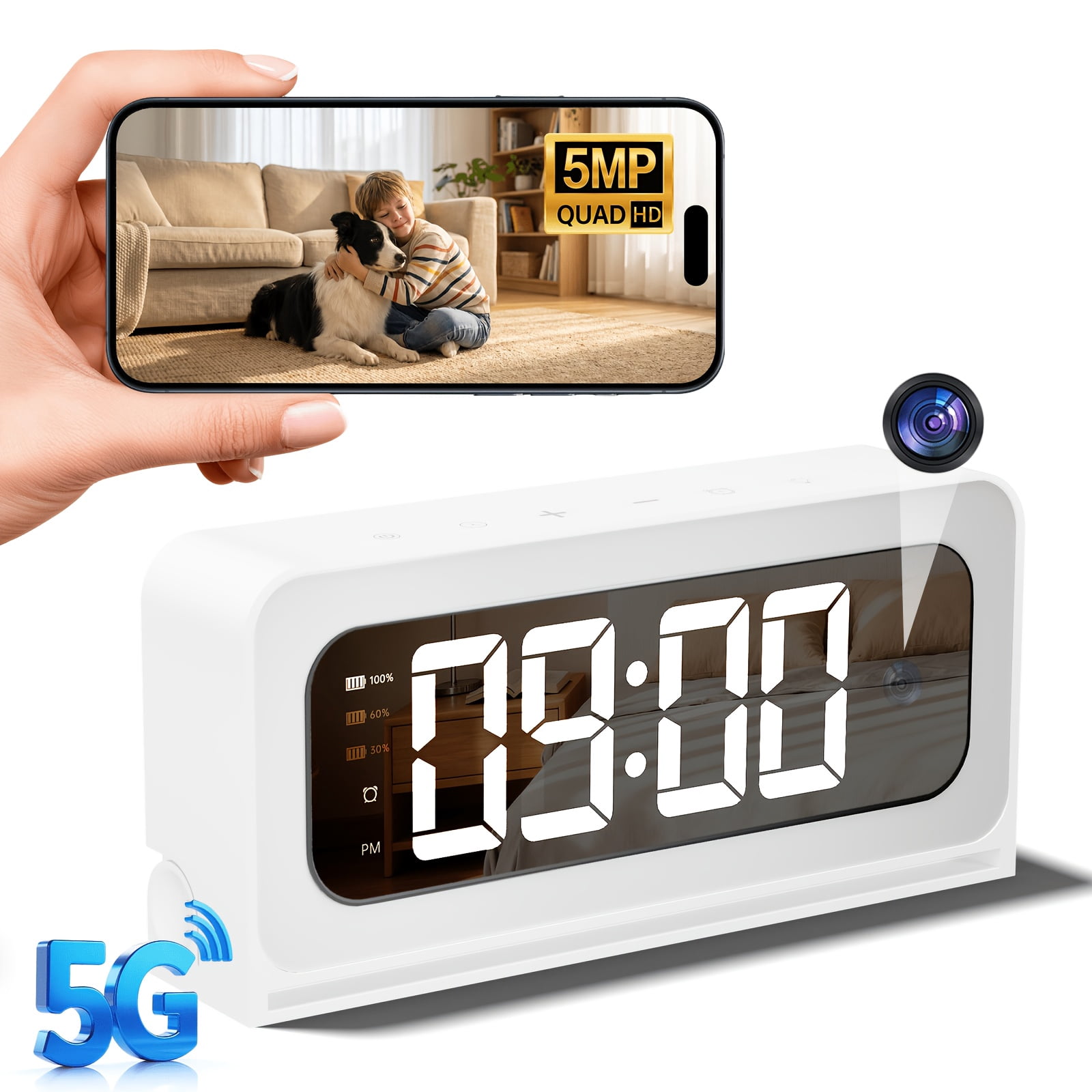 5MP HD Smart Clock Camera, 5G & 2.4G Dual Band WiFi Indoor Security ...