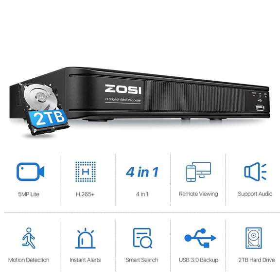 5MP Lite 8CH CCTV DVR Recorder with 2TB HDD, ZOSI HD 1080p 4-in-1H.265+ Surveillance DVR for Analog/AHD/TVI/CVI Security Camera, Remote Access, Motion Detection, Alert Push