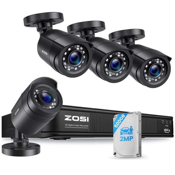 5MP Lite Security Camera System, ZOSI H.265+ 8CH DVR Recorder with 500GB Hard Drive, 4X 1080P Outdoor Security Camera Weatherproof Motion Detection, Remote Access, Home Security