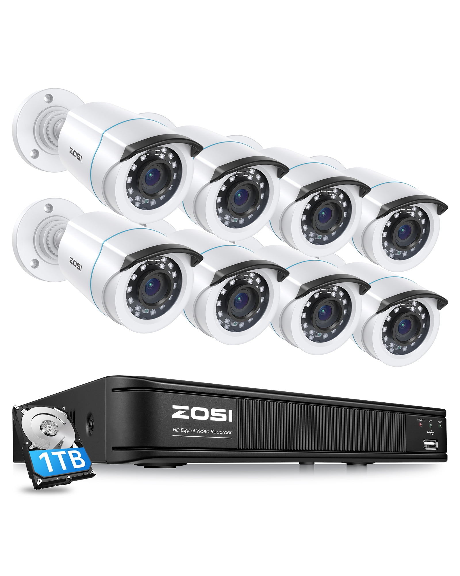 5MP Lite Security Cameras System, ZOSI H.265+ CCTV 8CH DVR Recorder, HD Weatherproof Surveillance Cameras with Night Vision, Motion Alert,Remote Access, 1TB HDD for 24/7 Recording