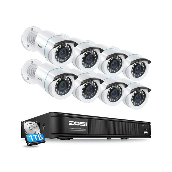 5MP Lite Security Cameras System, ZOSI H.265+ CCTV 8CH DVR Recorder, HD Weatherproof Surveillance Cameras with Night Vision, Motion Alert,Remote Access, 1TB HDD for 24/7 Recording