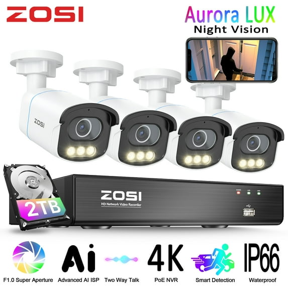5MP Outdoor Security Camera with True Color Night Vision, ZOSI 3K PoE Security Camera System, 4pcs Cam with 2TB HDD, Aurora Lux True Color Night Vision, Two-Way Talk