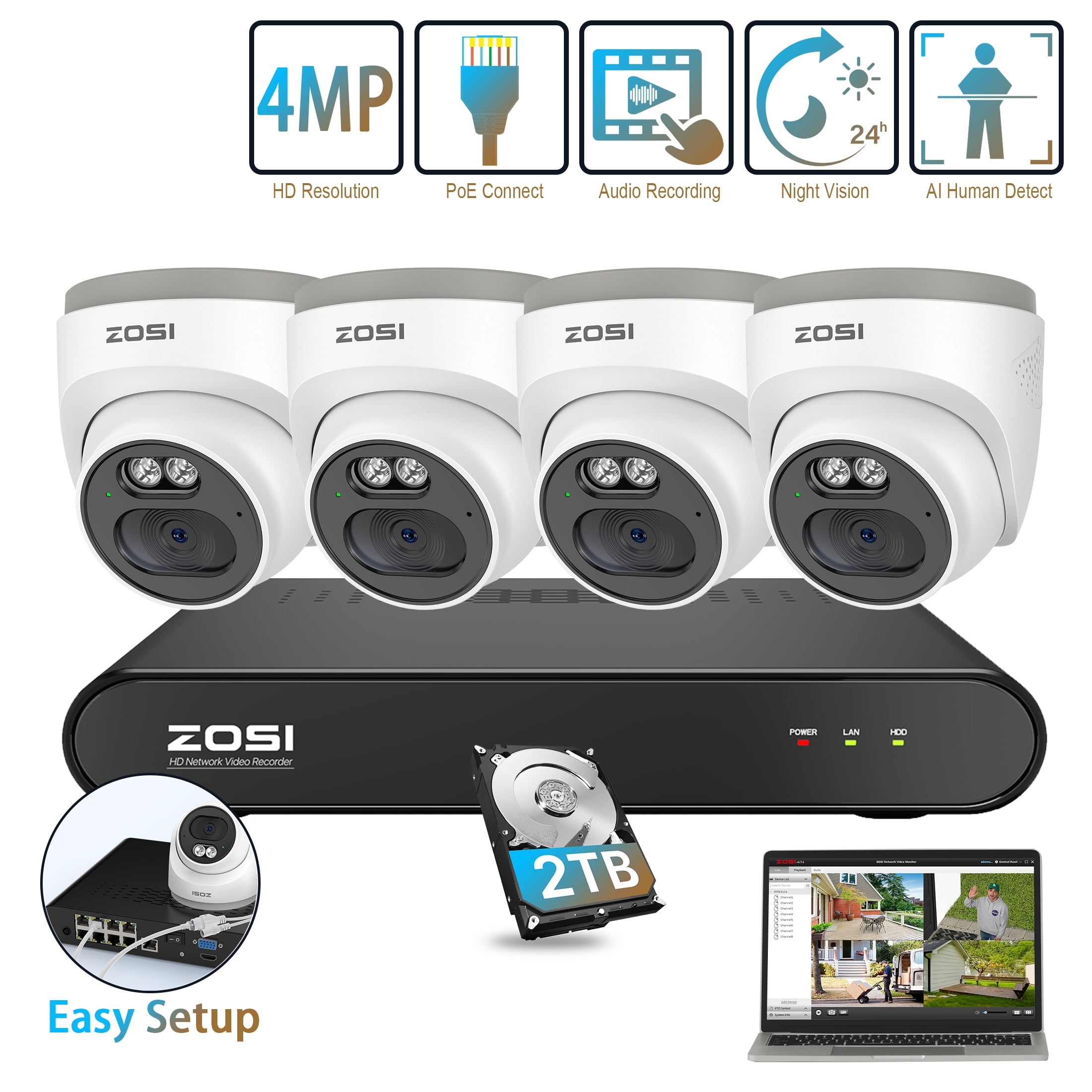 5MP PoE Security Cameras System ZOSI 8CH Security Camera System 2TB HDD 4pcs 4MP 2.5K HD Weatherproof Outdoor IP Cameras with Audio Smart AI Human
