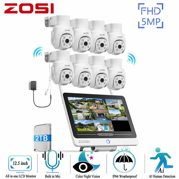 5MP Security Camera System with 12.5" LCD Monitor, ZOSI WiFi-6 Wireless Outdoor PTZ Security Camera, AI Detection, Color Night Vision, 2 Way Audio, 2TB HDD for 24/7 Recording, Home Business Security