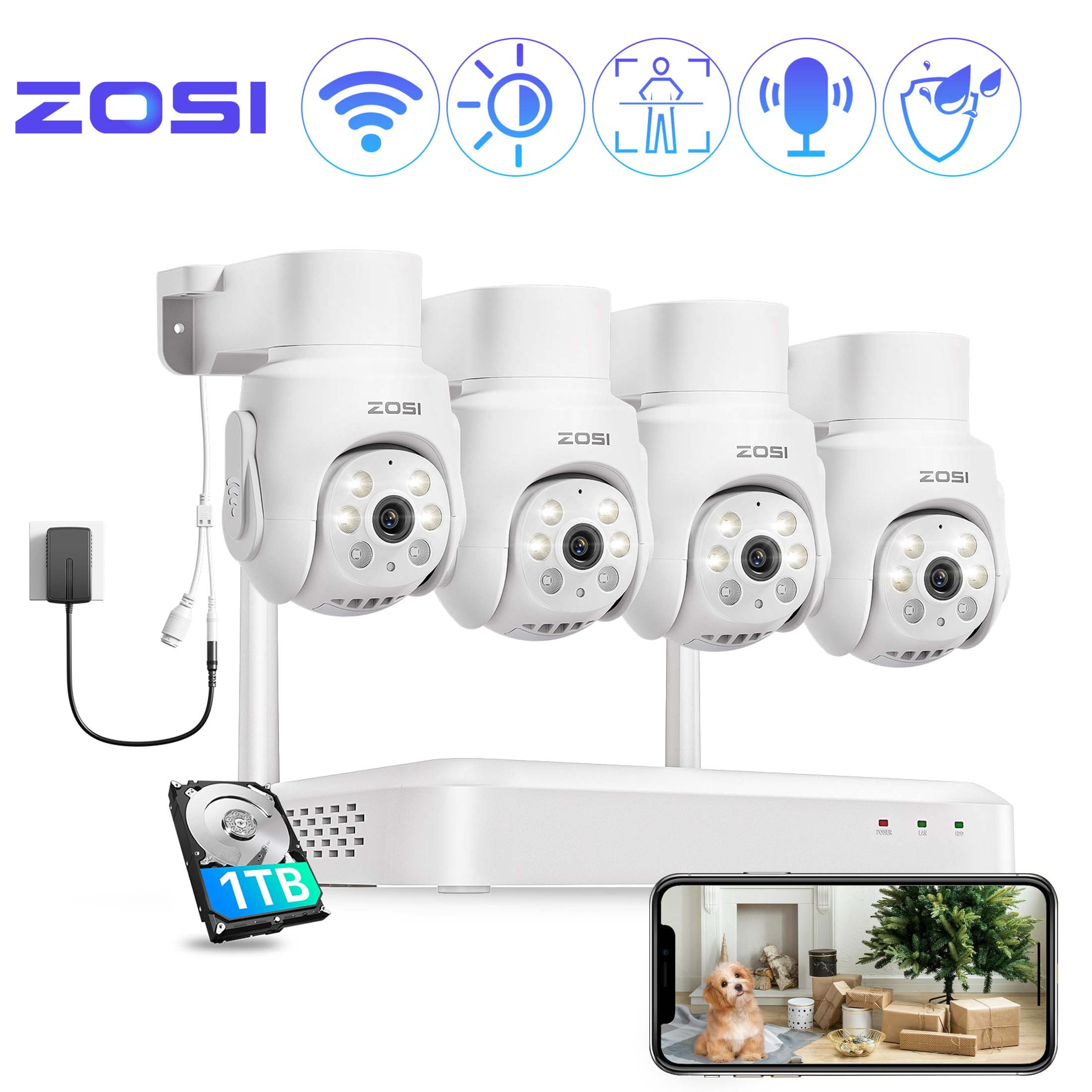 5MP WiFi 6 Security Camera System with Color Night Vision, ZOSI Pan Tilt Wireless Security Camera with Auto Tracking, AI Person Detect, 2-Way Audio, 1TB HDD for 24/7 Record