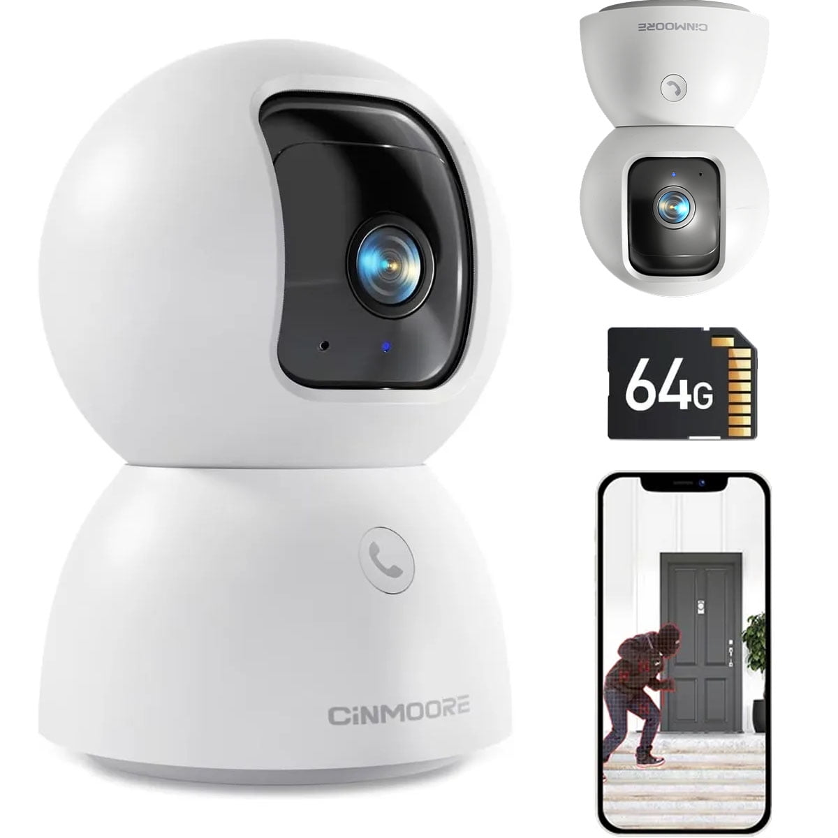 Cinmoore 5MP 3K Wifi Outdoor Security Camera Baby Monitor Pet Camera Waterproof 360 View Indoor Camera Baby Camera Color Night Vision, AI Motion Tracking 2-Way Audio with 64GB SD Card