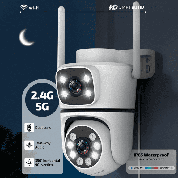 OHWOAI 5MP Dual Lens Wireless Security Camera Outdoor, 360° PTZ WiFi Surveillance Cam with Color Night Vision