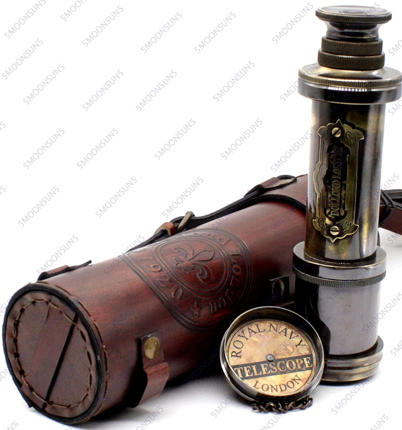 5MoonSun5's Pirate Brass Telescope, Spyglass Collapsible Decorative Telescope with Glass Optics for Kids Travel, Hunting, Navigation with High Resolution, with Lid Finish by Black Antique 17 inch