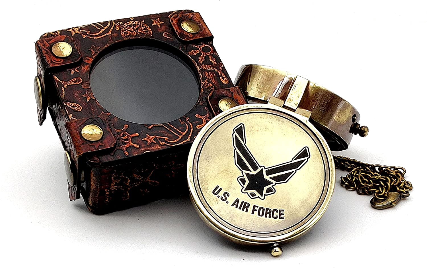 5MoonSun5's US AIR FORCE Engraved Brass Military Compass Nautical Marine Gift A Perfect and Unique gift for Army person Survival Navigation Compass for Hiking Camping Hunting with Leather display Case