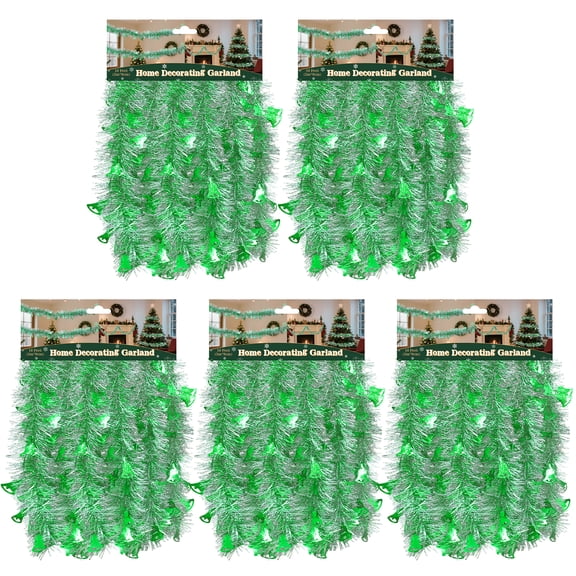 5PACK 10Feet Christmas Bell Tinsel Garland,Sliver and Green Metallic Tinsel Twist Garland Glittering Decoration for Christmas Tree Decor Wedding Summer Luau Birthday Party Indoor Hanging Home