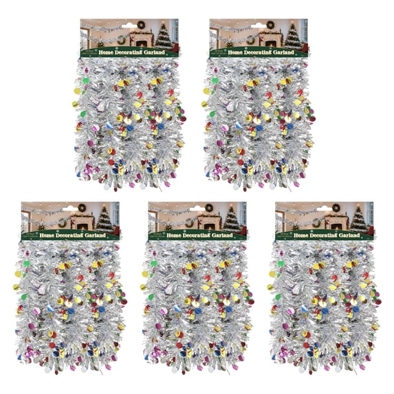 5PACK 10Feet Sliver Christmas Tinsel Garland with Colorful Polka Dots Metallic Tinsel Twist Garland Glittering Decoration for Christmas Tree Wedding Summer Luau Birthday Party Indoor Hanging Home