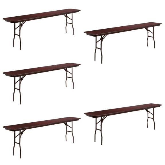 (5PACK) 18'' x 96'' Rectangular Melamine Mahogany Laminate Folding Training Table