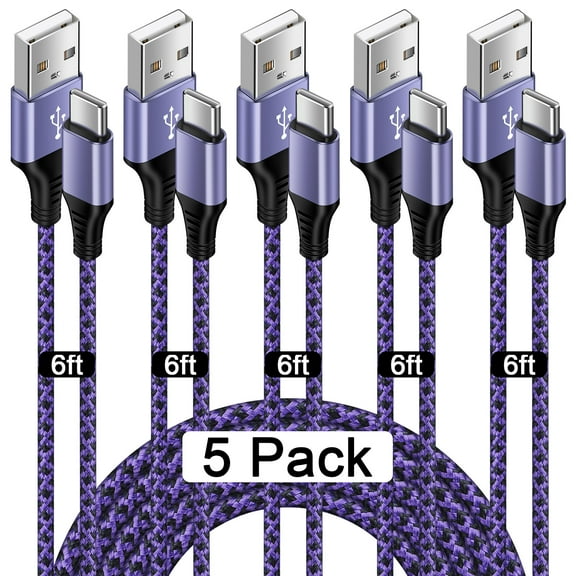 5PACK Type C Charger Fast Charging Cable 6ft 6 feet,HopePow Usb A to Usb C Cable 6ft Charging Cable Android Charger High Speed Phone Charger Cord Type C Fast Charging,Purple