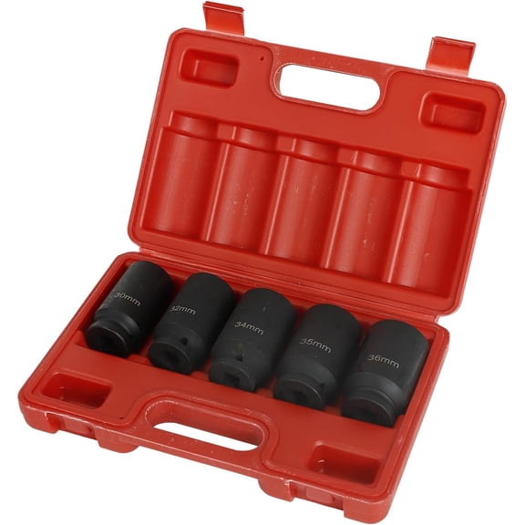 5PC 1/2-Inch Impact Socket Set 12 Point Metric Size 30mm 32mm 34mm 35mm 36mm,Drive Deep Spindle Axle Nut Impact Socket Set,CR-MO