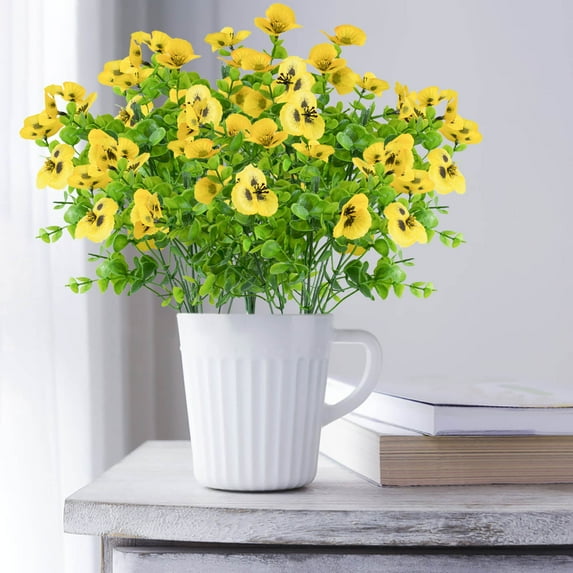 5PC Bundles Artificial Flowers for Outdoor, Multicolor UV Resistant Fake Pansies Bulk, Large Plastic Faux Plants Silk Floral, Artificial Eucalyptus Leaves for Indoor Outside Ornament