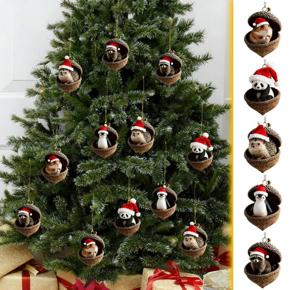 5PC-C Forest Animal Acorn Ornaments,Cozy Forest Christmas Decorations, Acrylic Cute Forest Animal Christmas Trees Hanging Ornaments,Rustic Nature-Themed Home Decor, Animal Lovers Gift