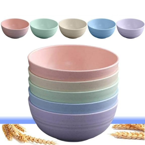 5PC Cereal Bowl, Clearance Unbreakable Whea-t Straw Cereal Bowls, Microwave & Dishwasher Safe Kitchen Bowls Plastic Bowls Home Use And Non-Slip And Colorful Soup And Sammy Bowls