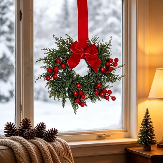 5PC Christmas Norfolk Pine Kitchen Cabinet Wreaths, 10.6 Inch Mini Wreaths with Red Berries and Ribbon Bows for Door, Window, Wall, Farmhouse Holiday Decor