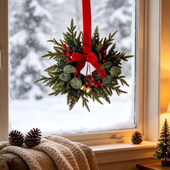 5PC Christmas Norfolk Pine Kitchen Cabinet Wreaths, 10.6 Inch Mini Wreaths with Red Berries, Ribbon Bows and Jingle Bells for Door, Window, Wall, Farmhouse Decor