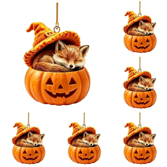 5PC Cute Sleeping Fox Animals in Pumpkin Halloween Ornament – Witch Hat Hanging Decor for Tree, Shelf, Window & Home, Adorable Fall Ornaments