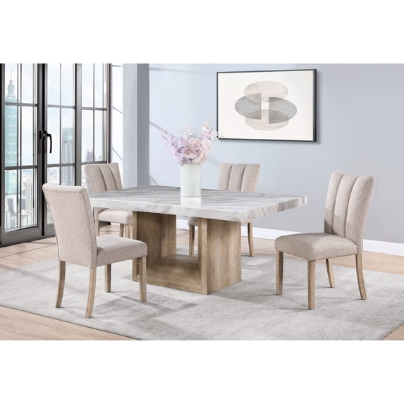 5PC Dining Table and Chairs Set | White Faux Marble, Double Pedestal ...