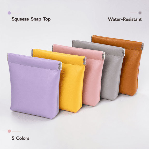 5PC Faux Leather Makeup Bag Set for Women, Mini Travel Cosmetic Pouch with Self-Closing Squeeze Top, Waterproof Portable Toiletry Bag Organizer