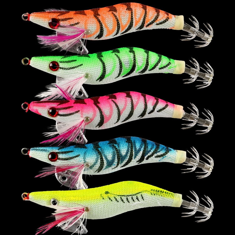 5PC High Quality Fishing Lures Jigs Wooden Shrimp Set Squid Hook 2.5 Size Lightning Shrimp Luminous Squid