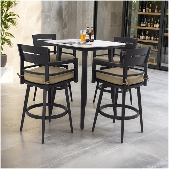 5PC Outdoor Bar Table Set with Swivel Stools, Marble-Look Stone Top, Non-Rust Aluminum Frame, and All-Weather Cushions
