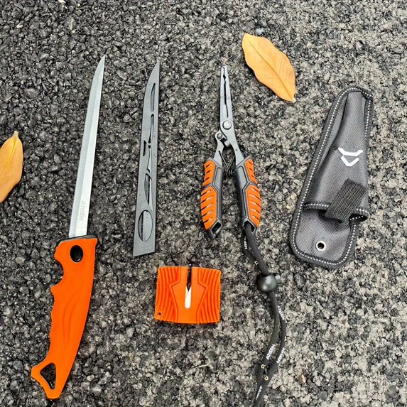5PC Professional Fishing Tool Set – 11.53" Combo with 5.82" Stainless Steel Fillet Knife, 6.88" Fishing Pliers & 2.36" Sharpener, Non-Slip Handle, Custom Sheath, Perfect Gift for Loved Ones