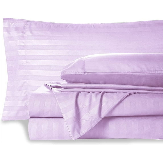 5PC Split Sheet Set-100% Egyptian Cotton, 1 Flat Sheet, 2 Fitted Sheet with 14" Deep Pocket & 2 Pillowcover-600TC-All Around Elastic-Lavender Stripe, Split Cal-King Size