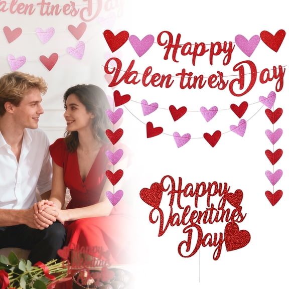 5PC Valentine's Day Party Decorations Set – Glitter Heart Banner, Happy Valentine’s Day Banner, Cake Topper, Garland for Wedding, Anniversary, Engagement, Bridal Shower