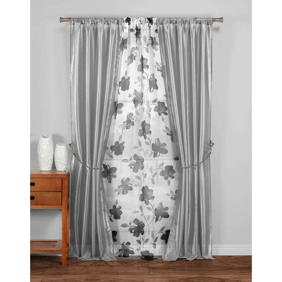 5PC Window Panel Set: Gray White Floral Design, Pole Top, Tie Backs, 84" Long