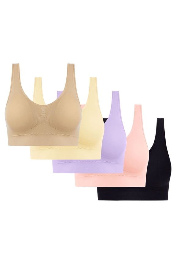 5PC Women's Cooling Seamless Bra Multipack - Wireless Low-Impact Yoga & Sleep Bras | Large Size Breathable Everyday Comfort