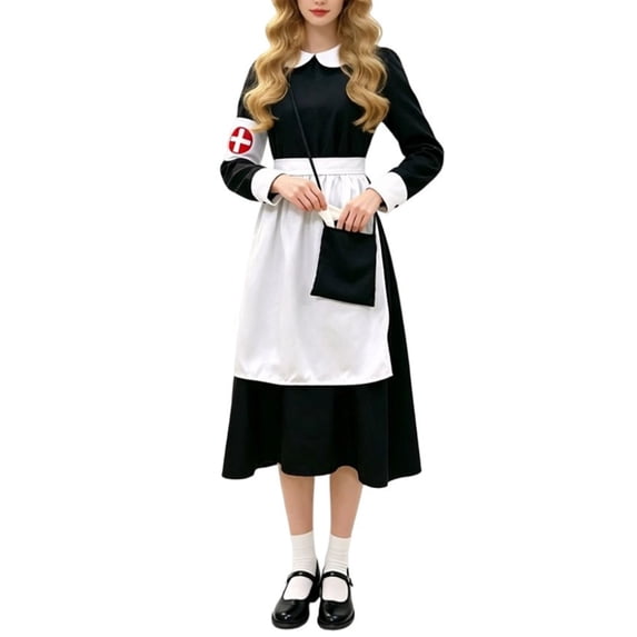 5PC Womens Halloween Costume Set Long Sleeve Nurse Uniform Cosplay Outfits Peter Pan Collar Midi Dress with Apron Headdress Bag Retro Look Parties Role Play Costumes Black M