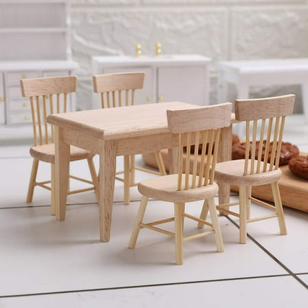 5PCS 1/12 Scale Wooden Dollhouse Furniture of Table Chair Miniature Dollhouse