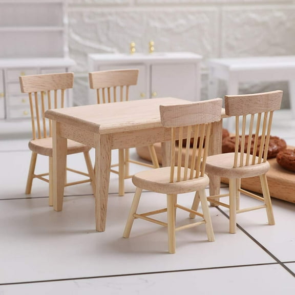 5PCS 1/12 Scale Wooden Dollhouse Furniture of Table Chair Miniature Dollhouse
