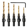 thumbnail image 1 of 5PCS 1/4 inch Round Shank Titanium Plated Wood Hole Drilling Bits Set Screw Carpentry Chamfer Hole Opener Set Woodworking Screw Cap Taper Hole Drill Punch Tools #6#8#10#12#14, 1 of 7