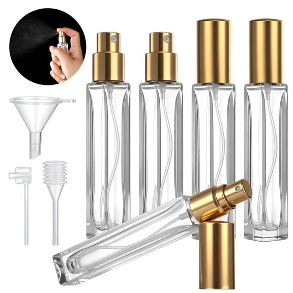 5PCS 10ml Perfume Spray Bottles, Square Refillable Glass Cologne Amorizer Bottle with Golden Cap, Mini Travel Spray Containers with Refill Tools, Pocket Sample Glass Bottles