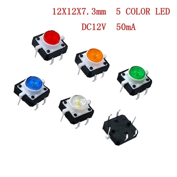 5PCS 12X12X7.3 Tactile Push Button Switch Momentary Tact LED 5 Color 12X12X7.3mm 12*12*7.3mm 12*12*7.3mm - RED