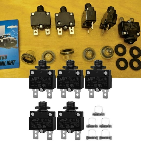 5PCS 15Amp Circuit Breakers with Push Button Reset 65V DC,AC125-250V with Quick Connect Terminals and Waterproof Button Cap