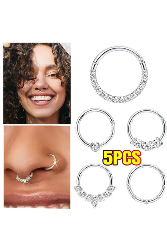 5PCS 16 G Septum Rings Surgical Steel Nose Rings Hoop for Women Opal CZ Daith Cartilage Hoop Earring Clicker Septum Jewelry Hinged Hoop Nose Ring