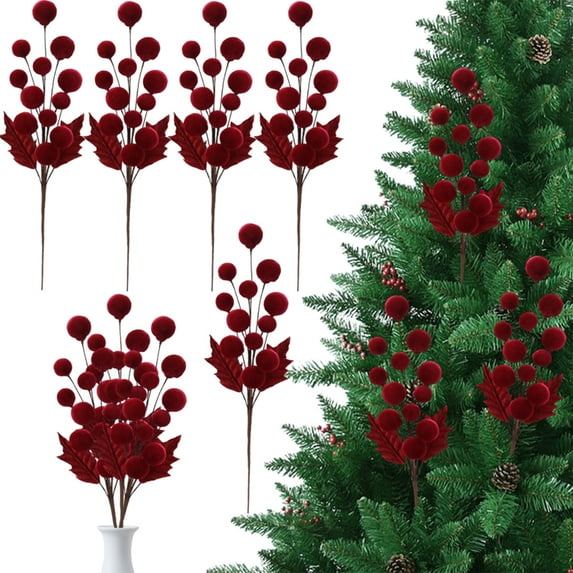 5PCS 21.5 Inch Christmas Tree Picks Velvet Christmas Ornaments Spheres Ball Pick Velvet Xmas Tree Branches Hanging Decoration Wreath Home Office Party Ornament