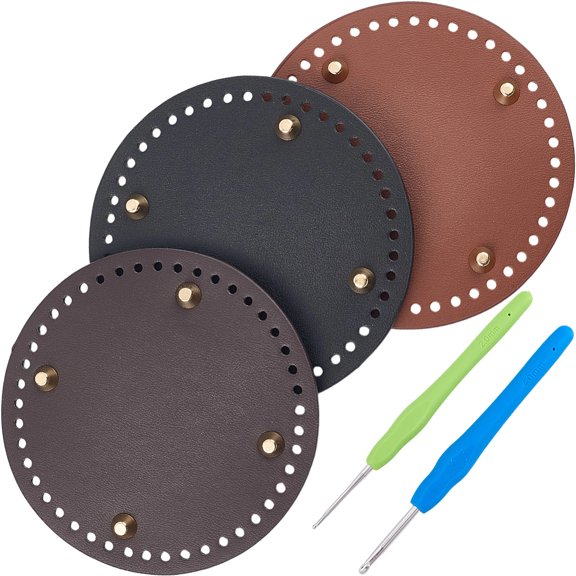5PCS 3 Colors 5.9 Inch PU Leather Crochet Bag Knitting Nail Bottom Round Purse Making Base Shaper Pad with Holes 2PCS Aluminum Hooks